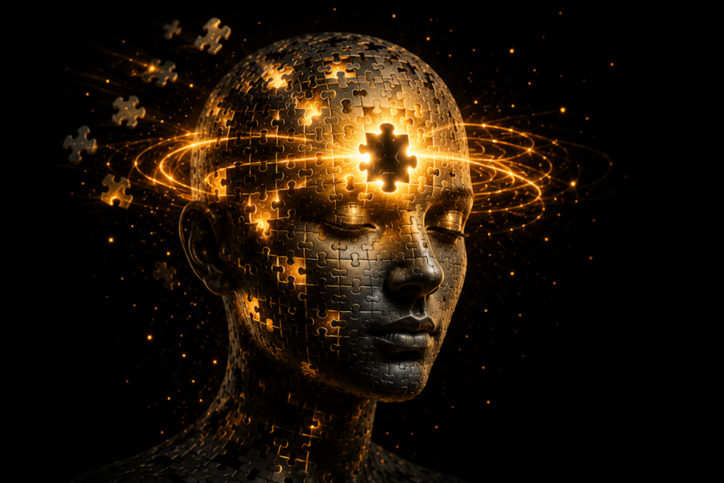 Ilustración de una mente formada por piezas, iluminada en dorado